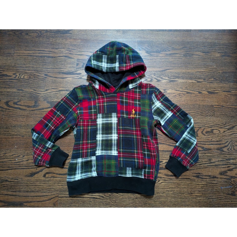 POLO RALPH LAUREN Boys Patchwork Plaid Tartan Hoodie Sweatshirt Size M 10-12